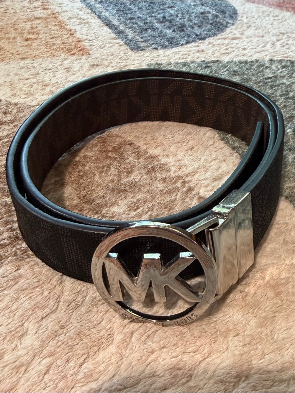 Michael Kors Brown Monogram MK Logo Belt with Silver Buckle